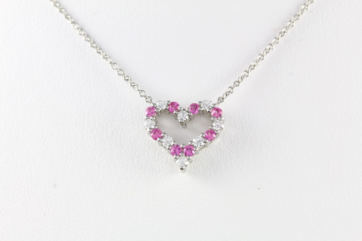 Vintage Tiffany & Co. Platinum and Pink Sapphire Heart Necklace w/box -  Ruby Lane